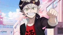 Black Clover M release date - a white-haired anime character grinning and holding his fist up in front of some buildings and sakura trees