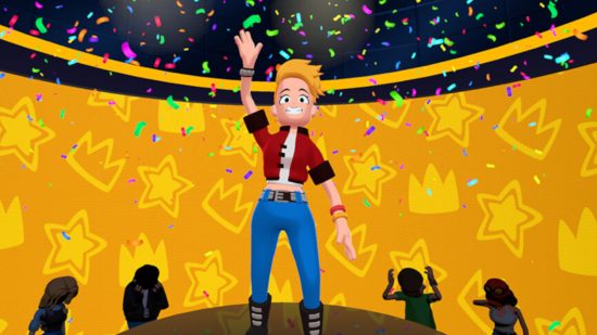 Brain Show release date: A blonde character winning Brain Show on a yellow background with stars and crowns, and rainbow confetti falling from the ceiling