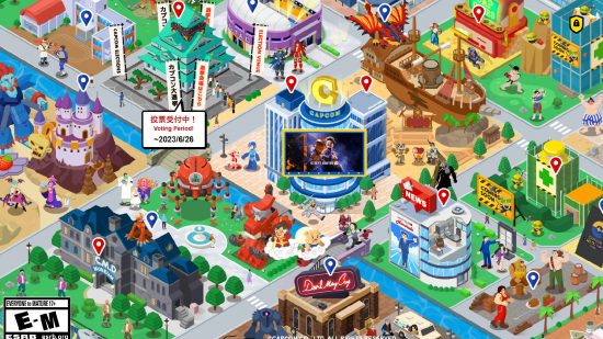 Capcom Showcase 2023: a large screenshot shows a small virtual town based on Capcom franchises