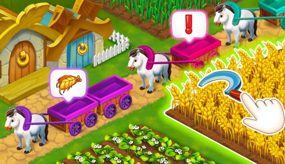 A picture taken from one of the best casual games, Harvest Land, showing a scythe collecting wheat to sell on a horse-drawn cart