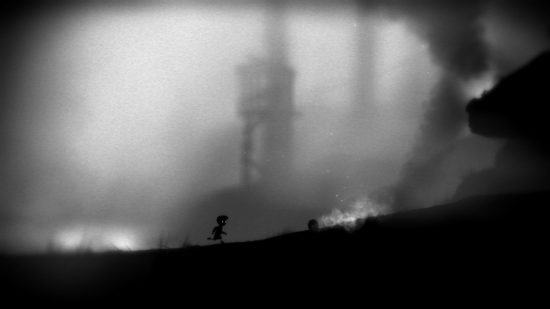 A scene from cheap games Limbo - a boy running up a hill on a grey background