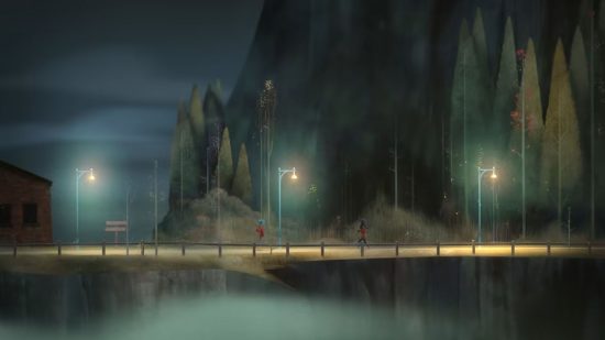 A screenshot from cheap games Oxenfree featuring two characters on a road at night