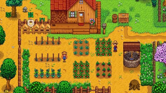 A blooming farm in cheap games Stardew Valley with a scarecrow, well, and farmhouse
