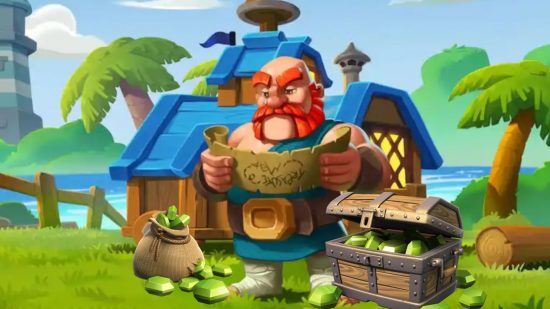 Custom image for Clash of Clans gems guide with a character reading a map amidst a collection of gems
