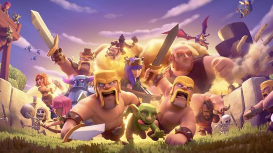 Key art of Clash of Clans characters charging into battle for Clash of Clans gems guide