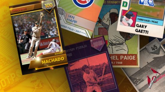 Com2uS charity stream header showing a bunch of baseball cards littered over a yellow background. They have pictures and names of players all kitted up sometimes mid action like swinging a bat or throwing a ball.