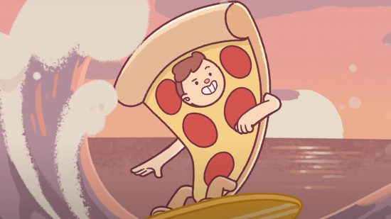 Cooking games: A cartoon man dressed as a pizza slice surfing in the sunset and smiling, from Good Pizza Great Pizza