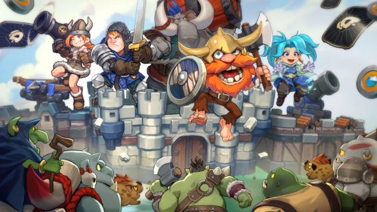 Key art for Defense Derby pre-registration opening with multiple fantasy characters defending a castle