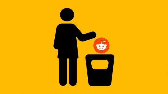 Custom image for how to delete Reddit accounts guide with someone dropping the Reddit icon into the bin