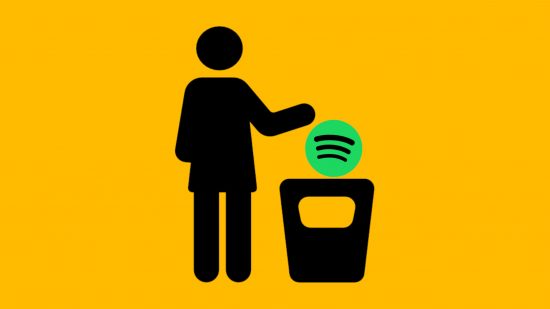 Custom image for how to delete Spotify accounts guide with someone literally putting Spotify in the bin