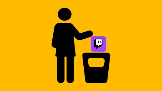 Custom image for how to delete Twitch accounts guide with a person putting Twitch in the bin