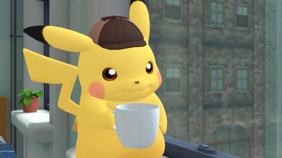 Detective Pikachu returns release date - Pikachu wearing a hat and drinking coffee
