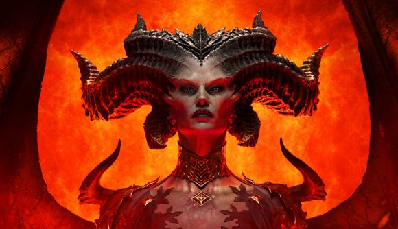 Diablo 4 Switch - Lilith standing against a blood red sky