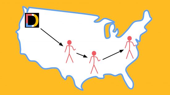 Didero Games Club: A white silhouette of the USA outlined in blue, pasted on a mango background. The map features the Didero logo and black arrows pointing between red stick people
