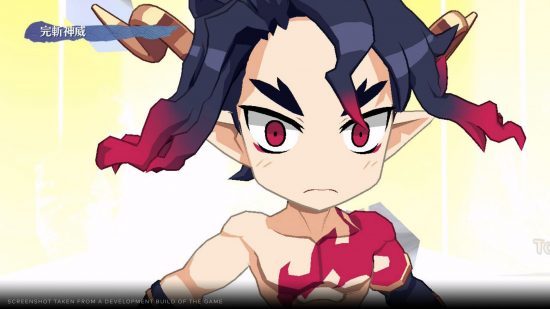 Disgaea 7 review - A man with spiky hair and a large head and tiny body, with a red mark on his chest and pointy ears.