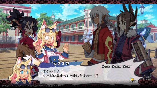 Disgaea 7 review - 2D anime characters having a conversation, three are silhouettes, one is a cat-eared girl looking shocked.