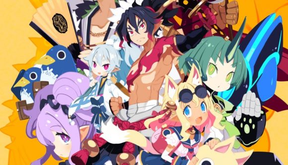 Disgaea 7 review - colourful key art with a bunch of anime characters in a large collage like a splatter of paint across the yellow background.
