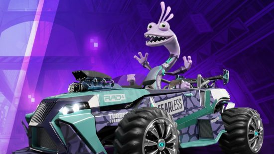 Disney Speedstorm characters: A purple graphic showing Randall in his massive car