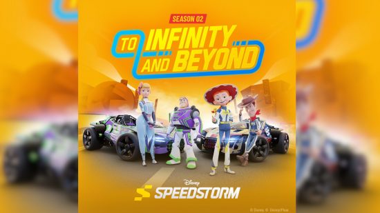 Disney Speedstorm characters: A yellow graphic showing Woody, Buzz Lightyear, Bo Peep, and Jessie from Toy Story are coming in season 2