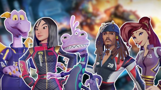 Disney Speedstorm characters: All the Disney Speedstorm Trickster characters outlined in white from left to right: Figment, Mulan, Randall, Captain Jack, and Megara.