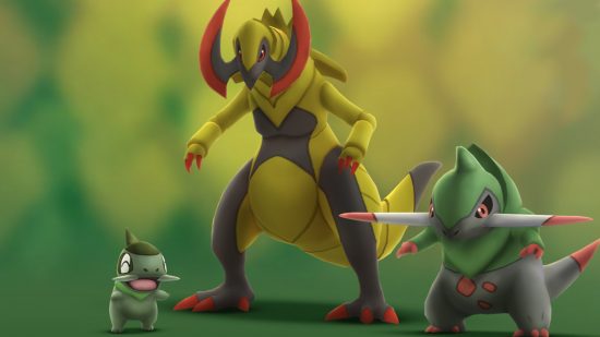 Dragon Pokemon: Haxorus, Axew, and Fraxure on a blotchy green background