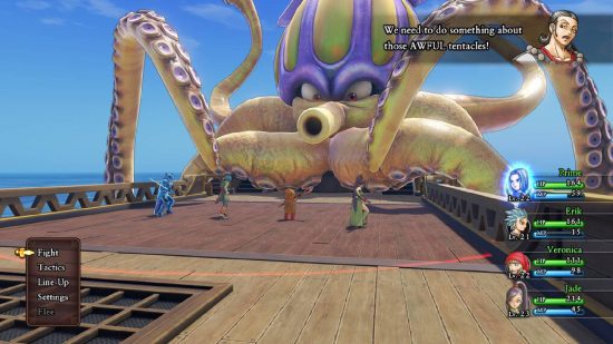 Dragon Quest games: A Dragon Quest XI screenshot shows the entire party on a boat fighting a giant squid
