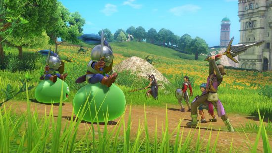 Dragon Quest games: A Dragon Quest XI S screenshot shows the Luminary readying his sword to slice through a Knight Slime