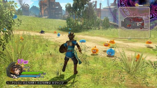 Dragon Quest games: A Dragon Quest Heroes screenshot shows a sword wielding protagonist facing off against multiple slimes