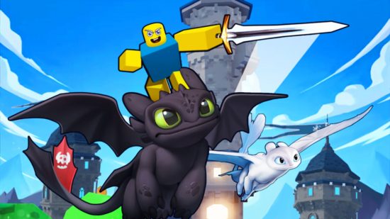 Dragon Warriors Simulator codes key art showing warrior wielding a sword on top of Toothless the dragon