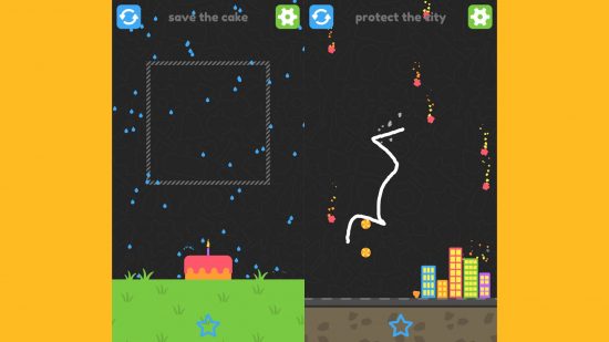 two screenshots of easy games Squiggle Drop showing puzzle mechanics