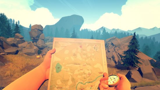 easy games firewatch: two hands holding a map and a compass in the middle of the forested wilderness