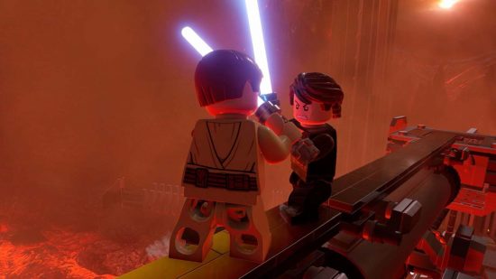 easy games lego Skywalker saga: two characters fighting with lightsabers