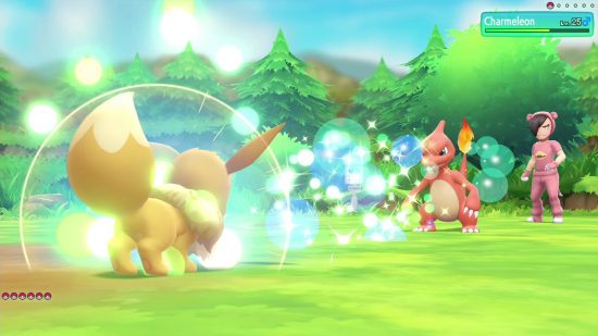 easy games let's go eevee and pikachu: a battle between Eevee and Charmeleon on a grassy field