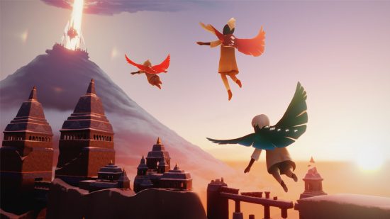 easy games sky: three characters taking flight towards a mountain