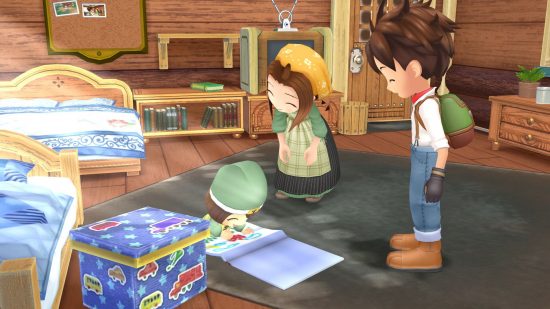 easy games story of seasons: a family inside a wooden house with a child colouring in