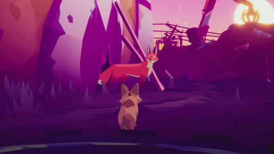 Endling Apple Design Award: A zoomed-in screenshot of Endling showing the mother fox looking at one of her cubs who has their back turned to the camera. The lighting is purple, like at dusk