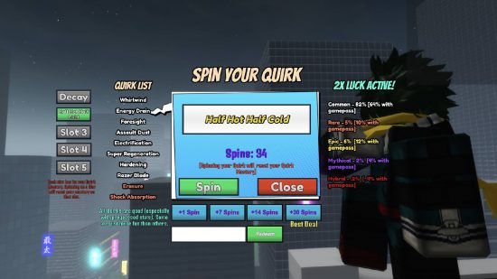 Era of Quirks tier list: a screenshot from the roblox game era of quirks shows the spin menu, and a selection of the available quirks