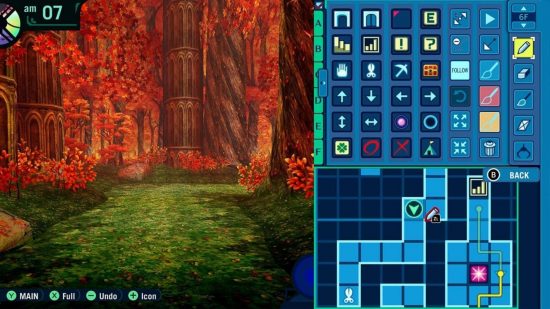 Etrian Odyssey Origins Collection Switch review - a map on the right in blue, with icons and cubes on a grid, looking more like blueprints than topography. On the left is a grass patch below a tall red tower in a gloomy environment.