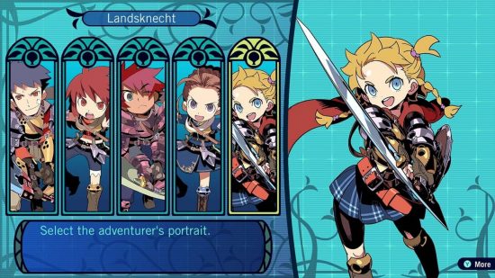 Etrian Odyssey Origins Collection Switch review - a menu screen with various characters in rectangular cutouts on the left, and full character art of the one selected on the right. The large art is of a woman with a sword in armour. She has blonde hair.