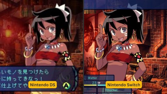 Etrian Odyssey Origins Collection Switch review - two identical shots side by side. On the left, the Nintendo DS version from 2007, on the right, the Switch version from 2023. The latter is obviously far higher fidelity. The shot is of a woman in a tube top and lots of jewellery standing with a finger in the air looking jovial. She has black hair in a ponytail.