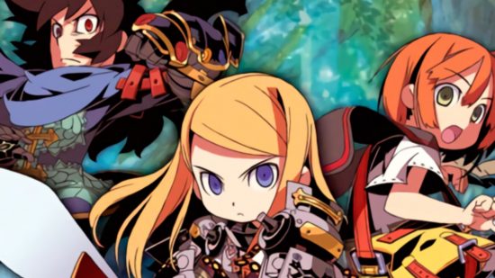 Etrian Odyssey Origins Collection Switch review header art showing three anime characters on an abstract green background. In the middle is a woman with big eyes and long ginger hair, on the right a similar looking woman but with a bob, on the left a gruff man with scruffy brown hair.