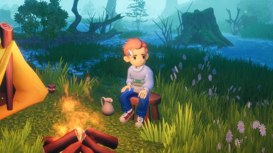 Everdream Valley release date: A white person with pink hair sat by a campfire in Everdream Valley