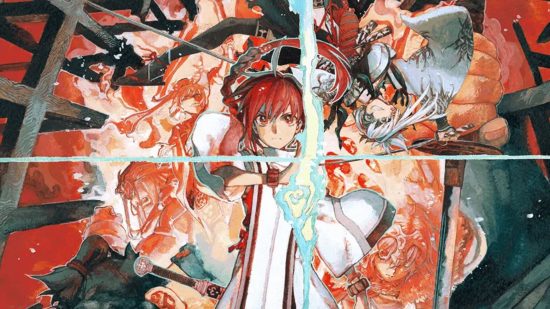 Fate/Samurai Remnant releas date art showing a red-haired anime man in a shroud of red smoke or fire, strange abstract shapes all around him, as he seems to conjure a blue light that splits the frame vertically horizontally in two straight lines from the centre. He is wearing a white robe.