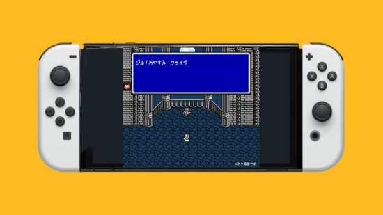 Final Fantasy 16 demake: A screenshot from the demake pasted onto an OLED Switch which is on a mango background