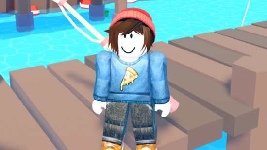 Fishing Frenzy Simulator codes header image showing a Roblox character, a blocky humanoid, in a blue shirt with a pizza on it, brown shoes and jeans, with long brown hair and red hat with a fishing rod on his back. He's stood on a pier made of planks of wood above very blue water.