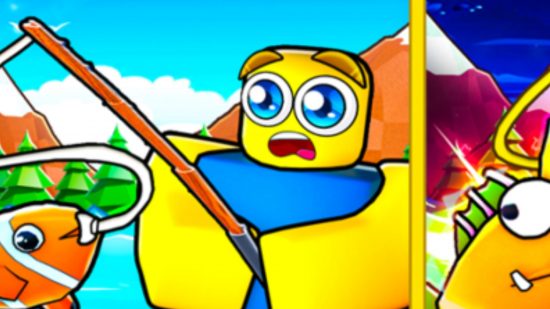 Fishing Frenzy Simulator codes header art showing a yellow blocky humanoid looking scared in a blue shirt holding a fishing rod with an orange fish hanging off the end.