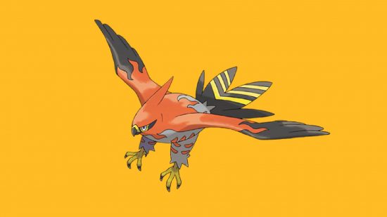 Flying Pokemon: The fire and flying Pokemon Talonflame appears against against a yellow background