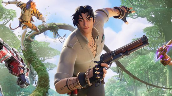 Fortnite Wilds header art showing a man in a white top with tatoos on his forearms holding an old-fashioned revolver and running through the jungle. There's a vine twisting behind his scruffy black hair.