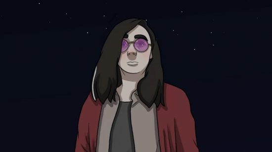 Frank and Drake release date: A screenshot of Drake looking scared on a night sky background. He is a white man with long brown hair wearing purple lensed circle glasses, a red jacket, and two grey-toned shirts