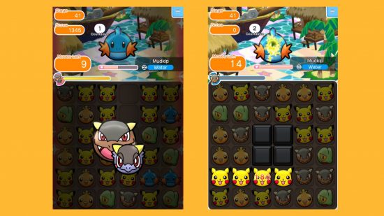 Two screenshots showing a level in free Pokémon games Pokemon Shuffle